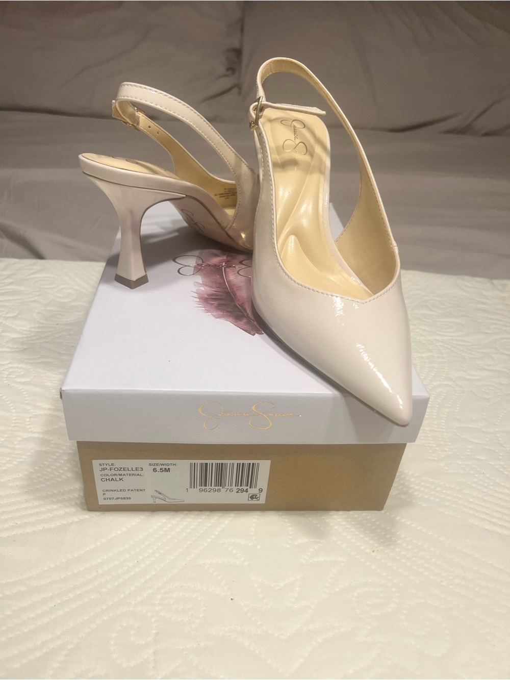 Jessica Simpson “Fozelle” Chalk Patent Pointed Slingback Heels